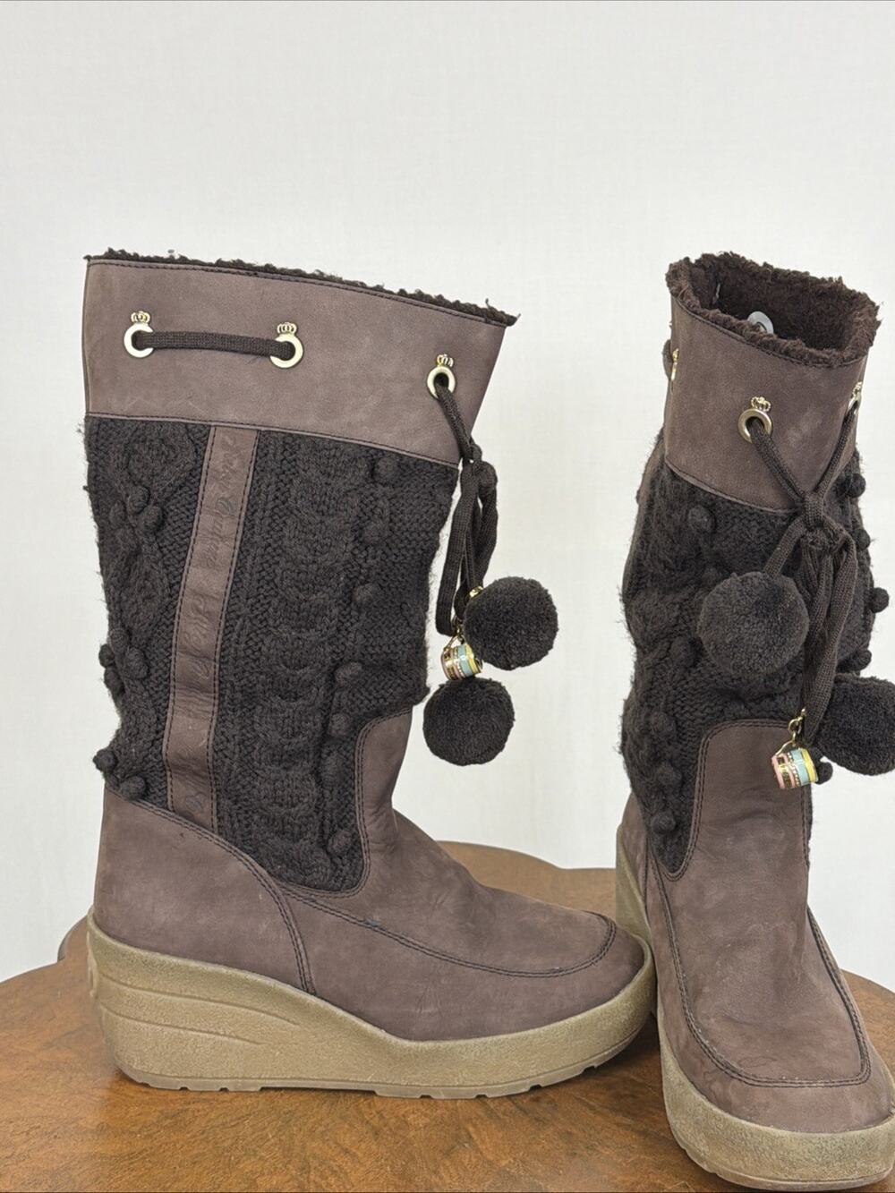 Vtg Y2K Juicy Couture Brown Leather Knit Wedge Boots Faux Sherpa Size 10 Tall